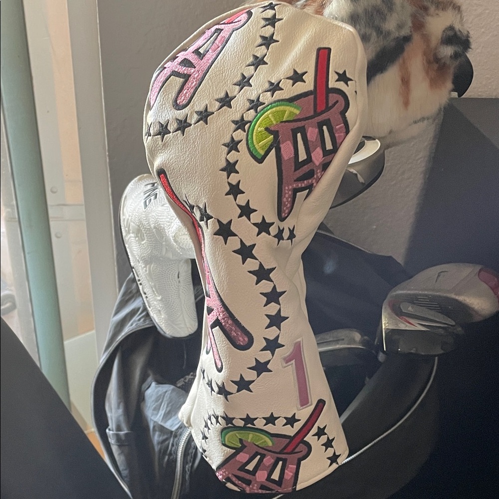White Golf Driver Headcover with Pink and Green Accent